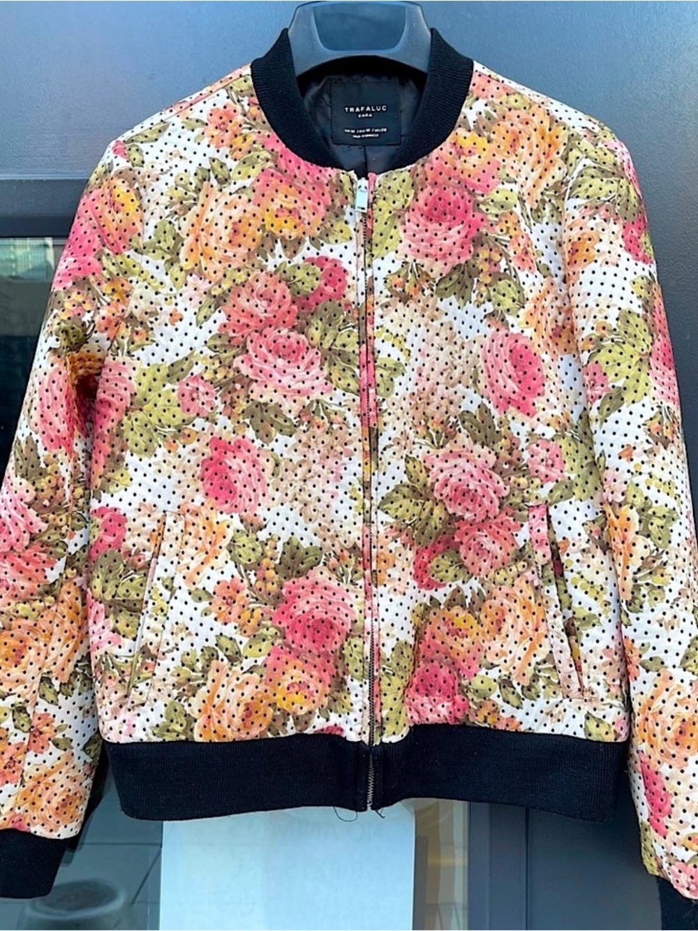 Zara Floral Quilted Bomber Jacket - Pink, Green & Black
